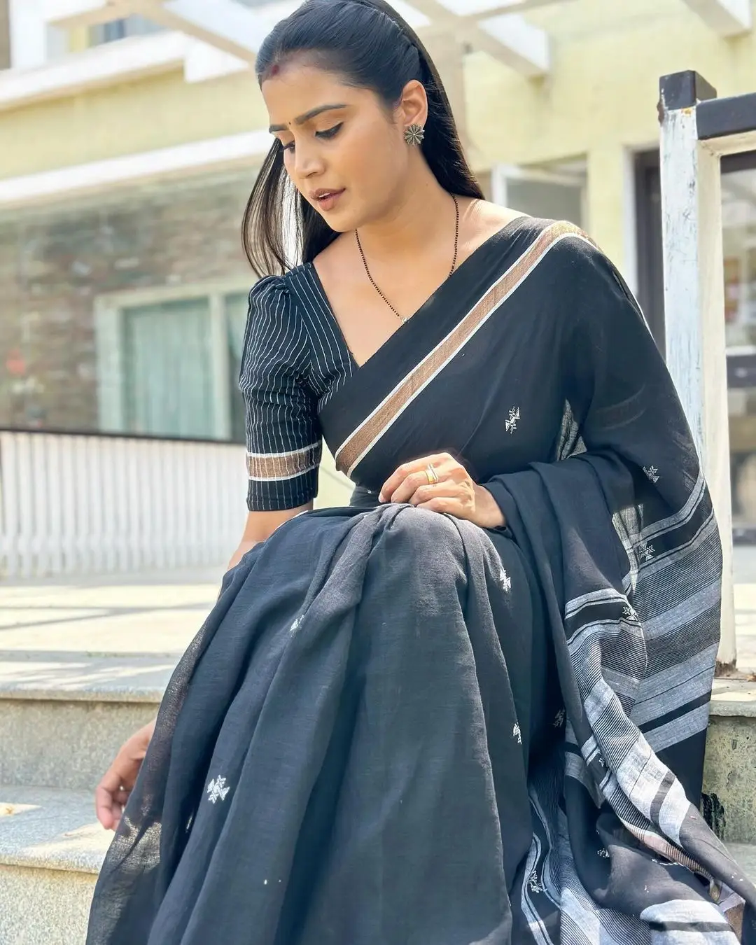 Indian Girl Kavya Shree In Traditional Black Saree Blouse